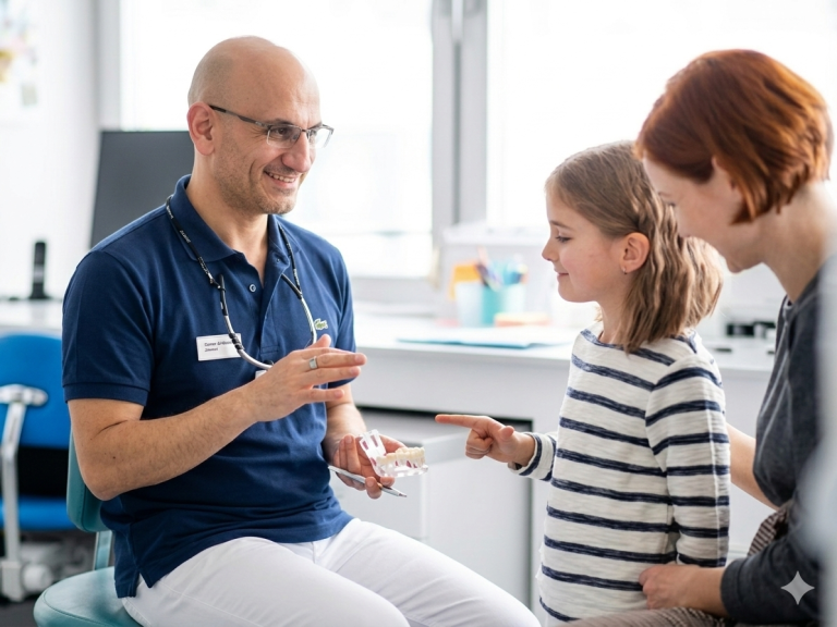Zahnarzt zeigt Patientin digitale Röntgenaufnahme am Monitor.